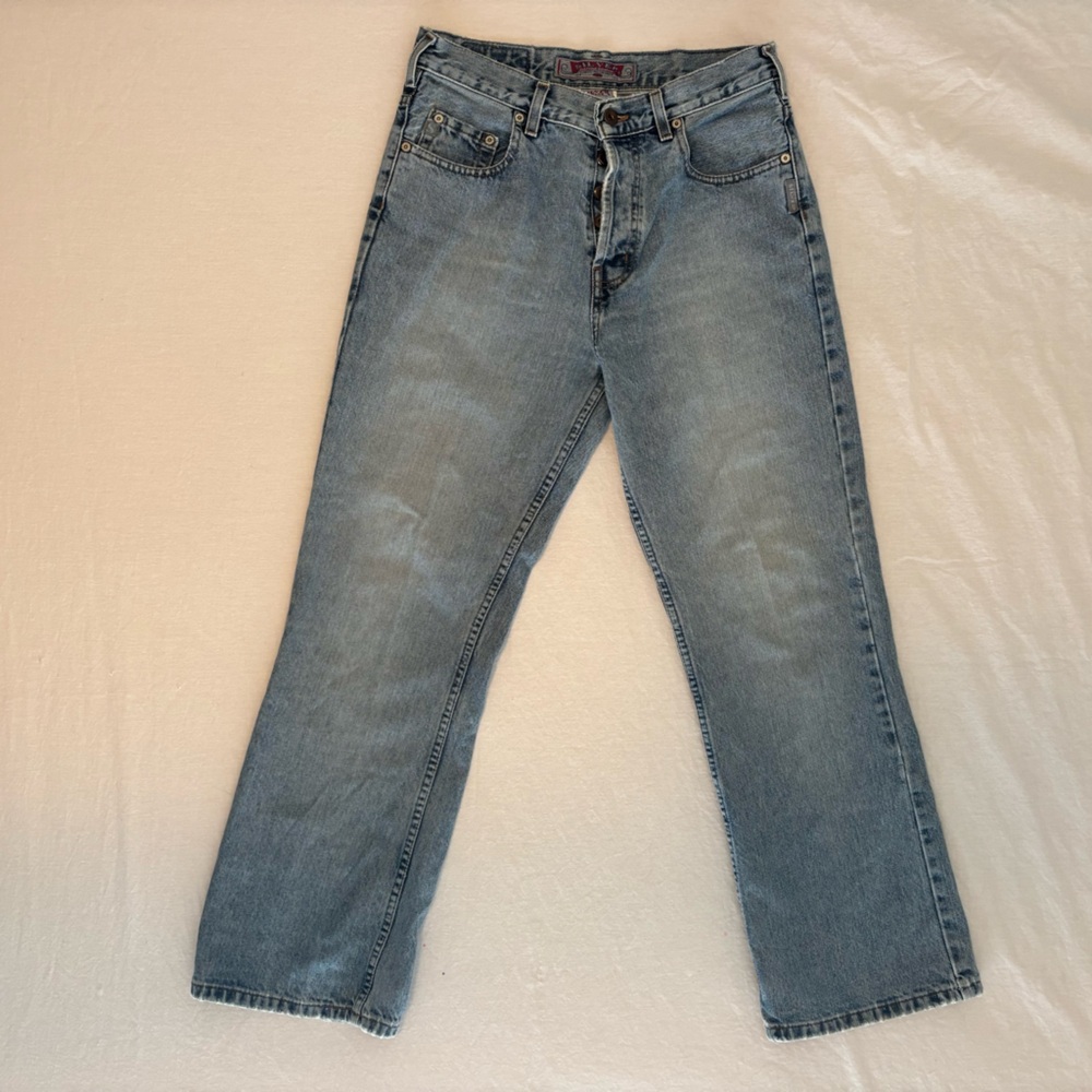 Silver Jeans Co Mens Button Fly Light Wash Straight Leg Jeans Distressed Hem
